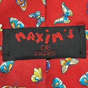 Maxims De Paris Silk Tie Mens Necktie Red Butterflies Novelty 54X4 Made in Italy